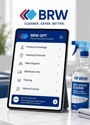 Smartphone screen showing the BRW app with a blue-and-white menu and BRW logo in the header, with a product bottle graphic beside the phone.