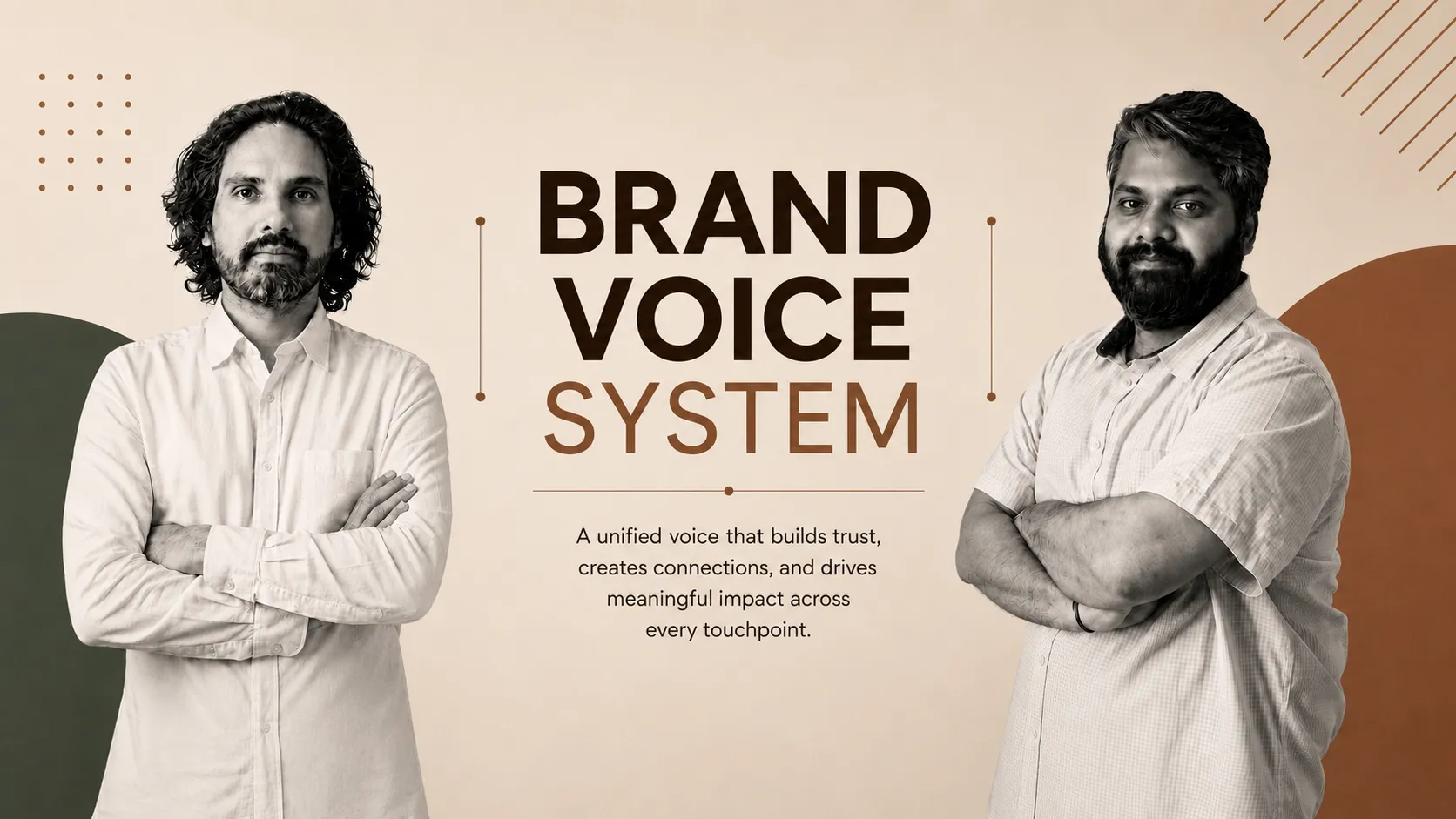 Two men with arms crossed stand on either side of the words “BRAND VOICE SYSTEM” on a beige background with geometric shapes.
