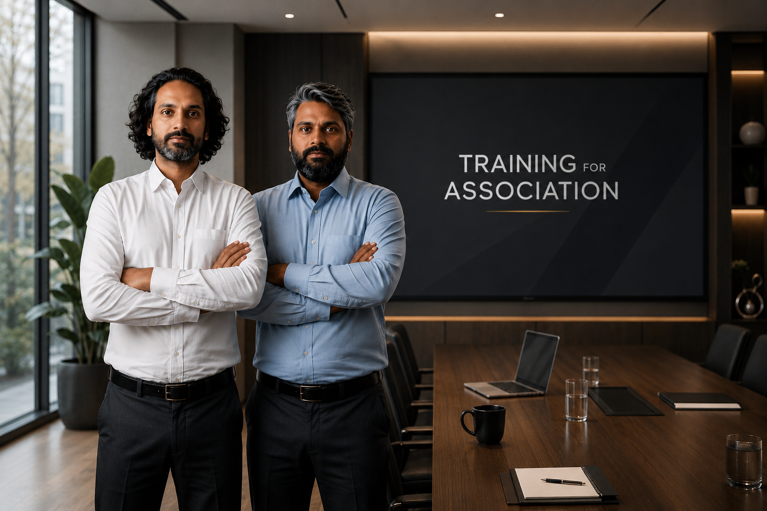 Two men with arms crossed stand in a modern conference room in front of a presentation screen that reads 'Training for Association'.