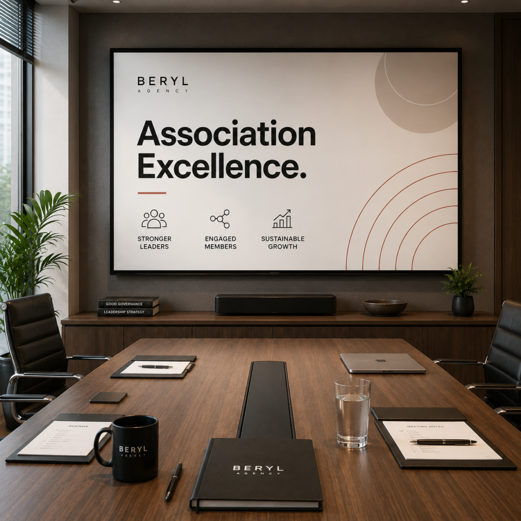 Framed poster in a modern conference room reading 'Association Excellence' with icons for stronger leaders, engaged members, sustainable growth and 'BERYL AGENCY' at the top.