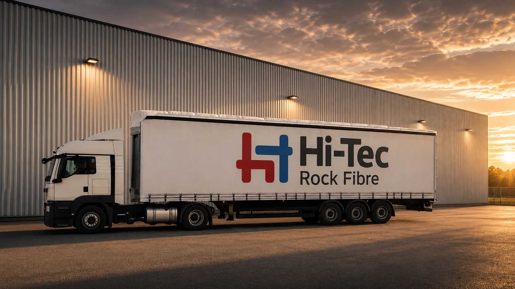 White Hi-Tec Rock Fibre delivery truck parked beside a corrugated metal warehouse at sunset, logo visible on side.