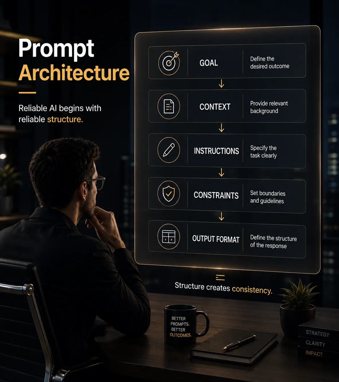 Poster titled 'Prompt Architecture' showing a vertical flowchart: GOAL, CONTEXT, INSTRUCTIONS, CONSTRAINTS, OUTPUT FORMAT with short descriptions and arrows linking steps.