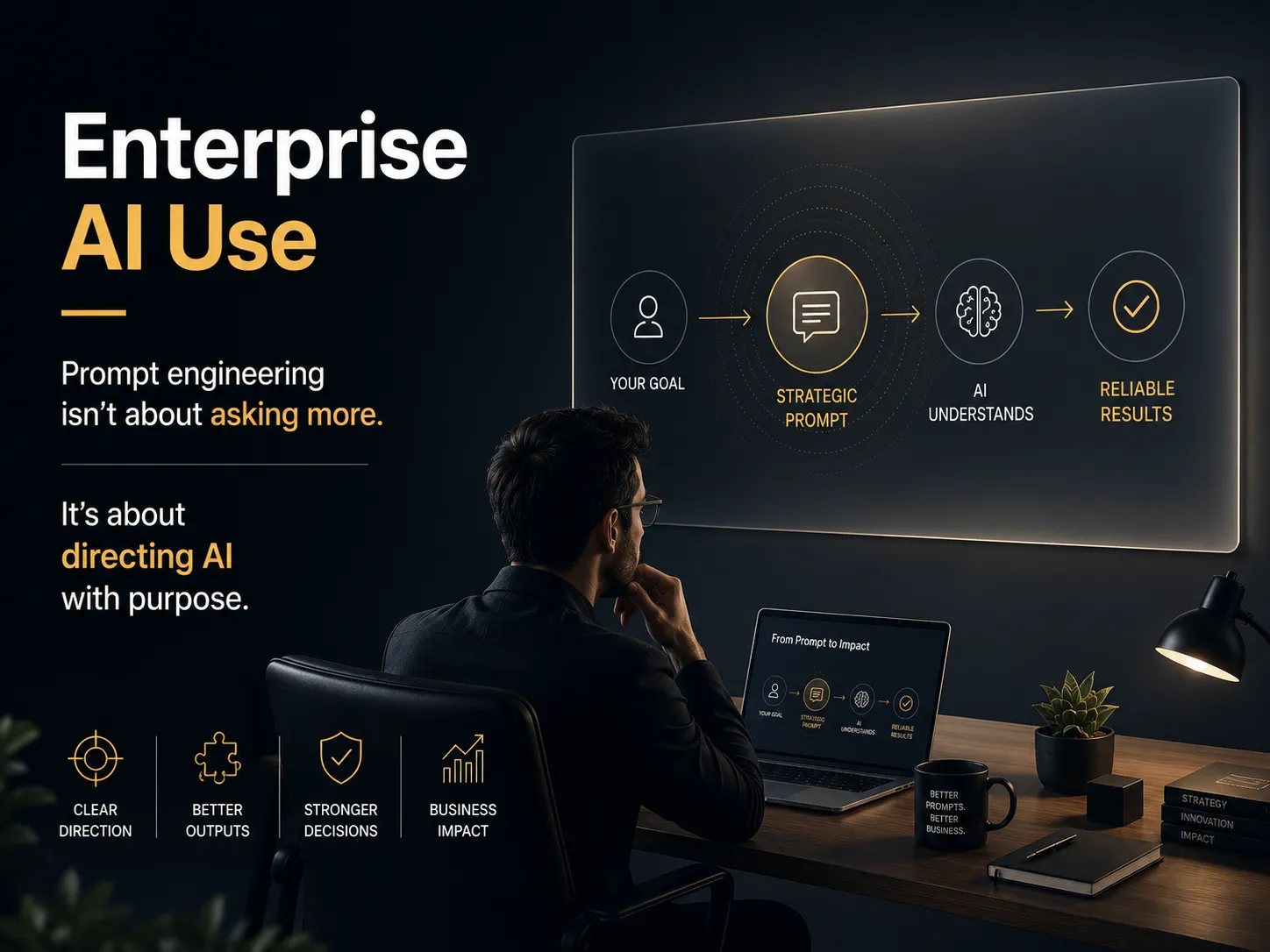 Promotional banner showing an enterprise AI workflow: your goal, strategic prompt, AI understands, and reliable results, with a person at a desk observing a screen.