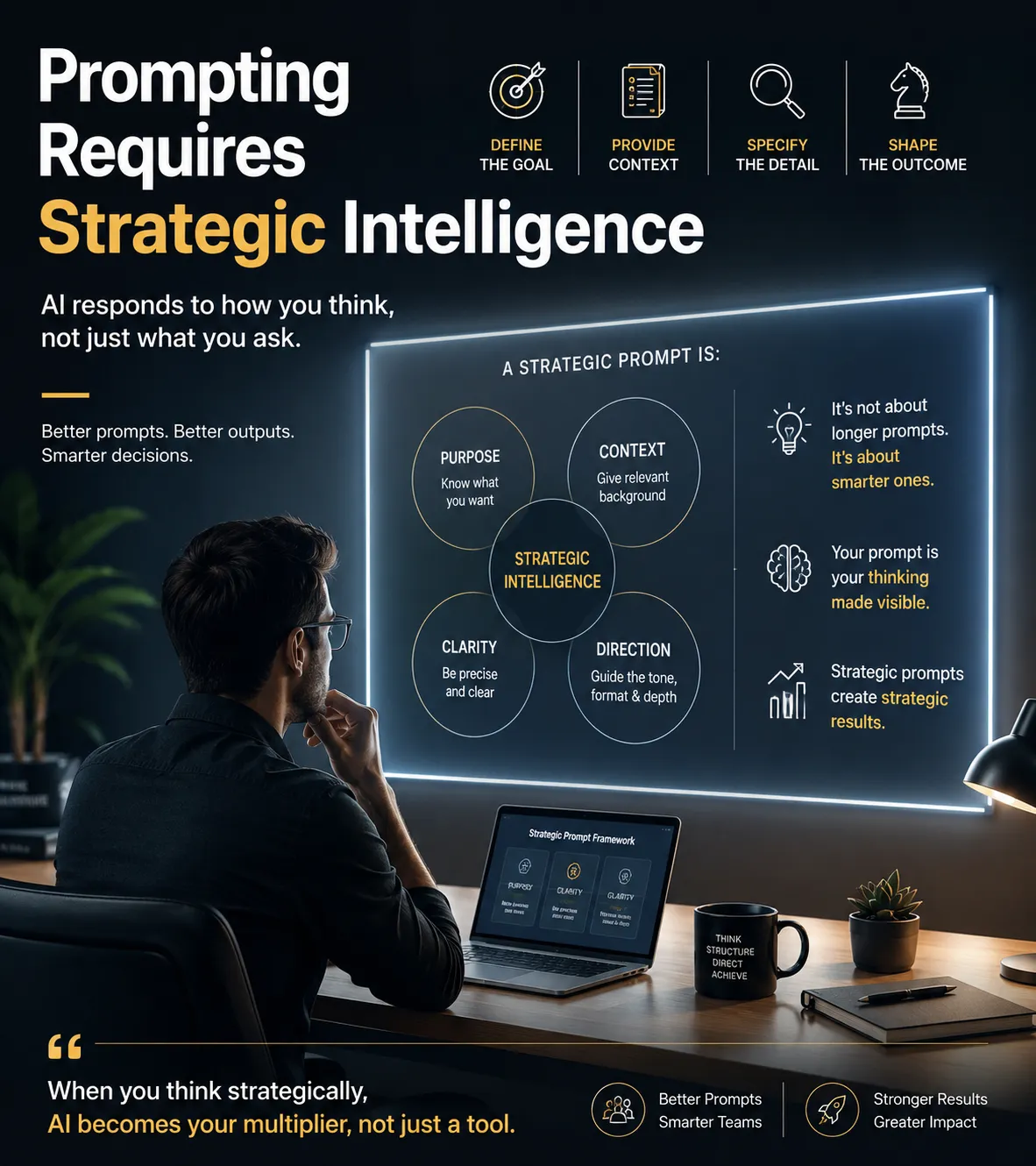 Man at a desk studies a glowing infographic about strategic intelligence, with circles labeled Purpose, Context, Clarity, Direction surrounding a central ‘Strategic Intelligence’ node.