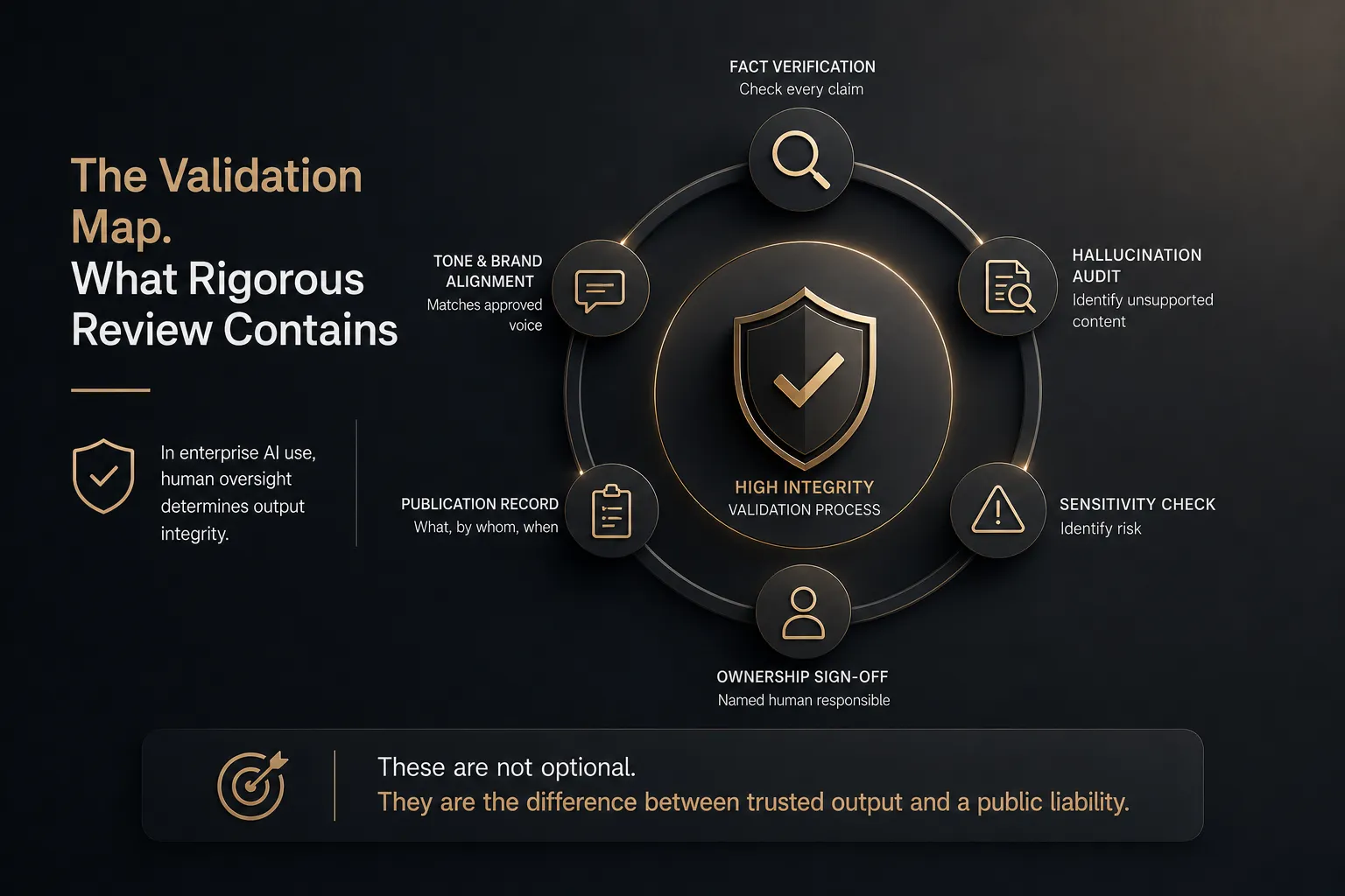 Dark infographic of a circular validation map centered on a gold-shield with check mark, surrounded by icons labeled verification, audit, sensitivity check, ownership sign-off, publication record, and tone/brand alignment.