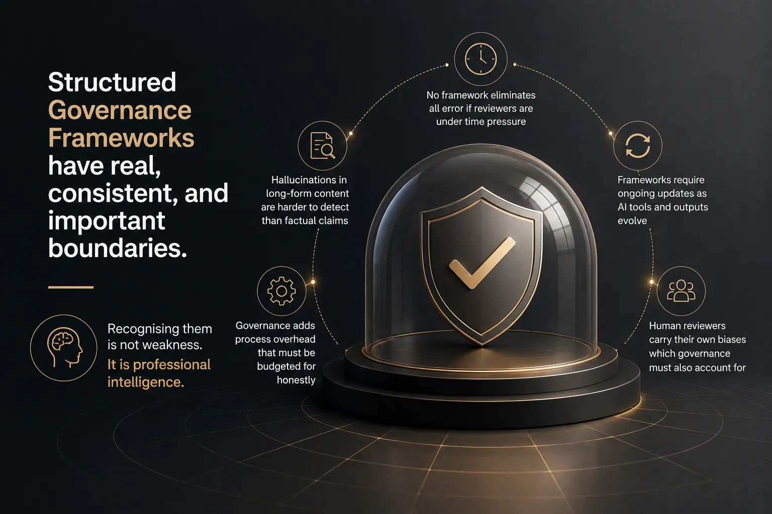 Infographic: left text about Structured Governance Frameworks; a glass dome shields a golden checkmark.