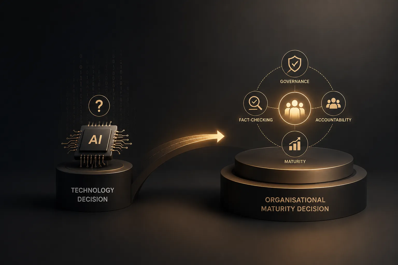 AI chip on a pedestal labeled Technology Decision sends a glowing arc toward a golden circular diagram of governance, fact-checking, accountability, and maturity atop an Organizational Maturity Decision platform.