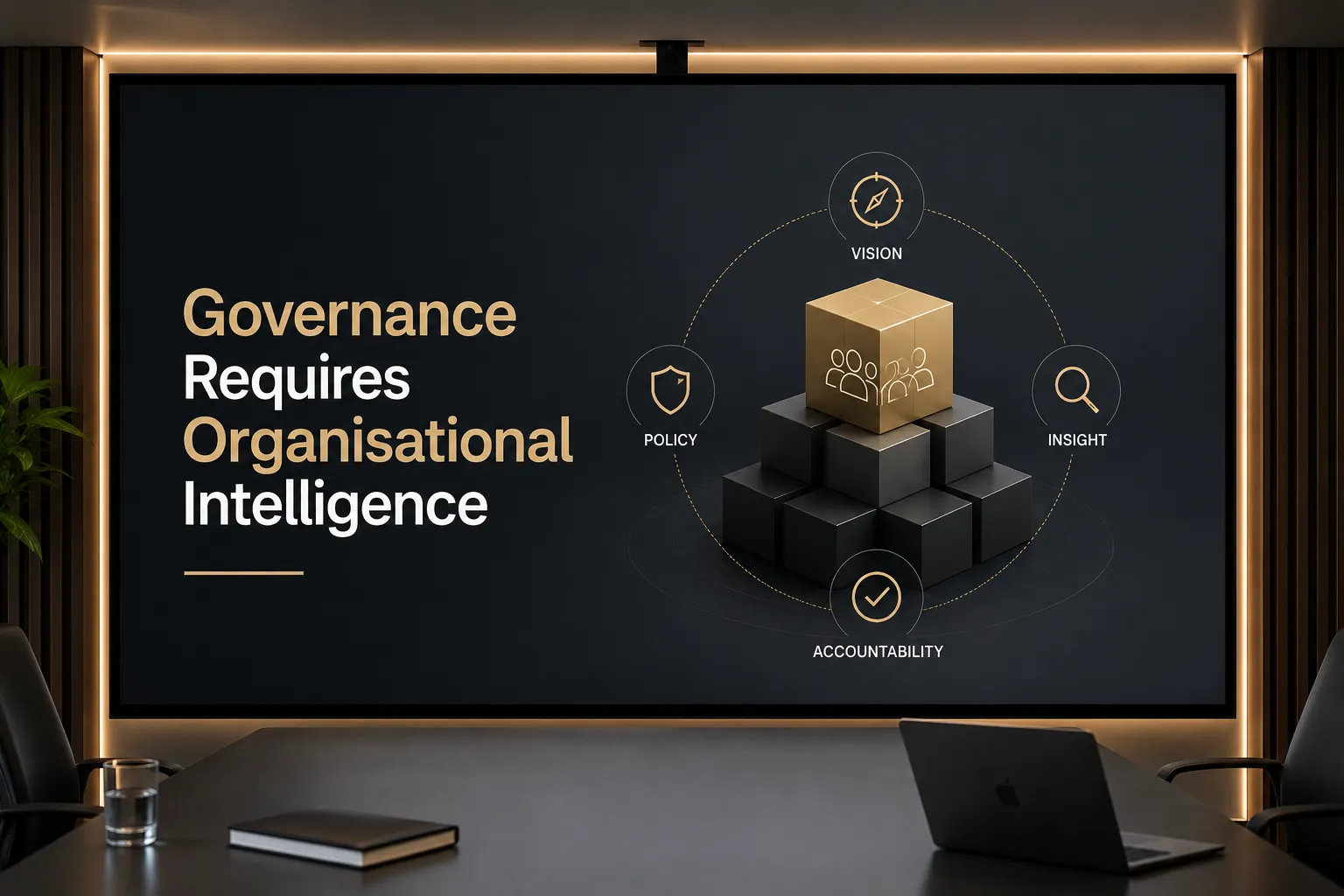 Slide about Governance: 'Governance Requires Organisational Intelligence' with a central gold cube on stacked black cubes and icons for Vision, Policy, Insight, Accountability around it