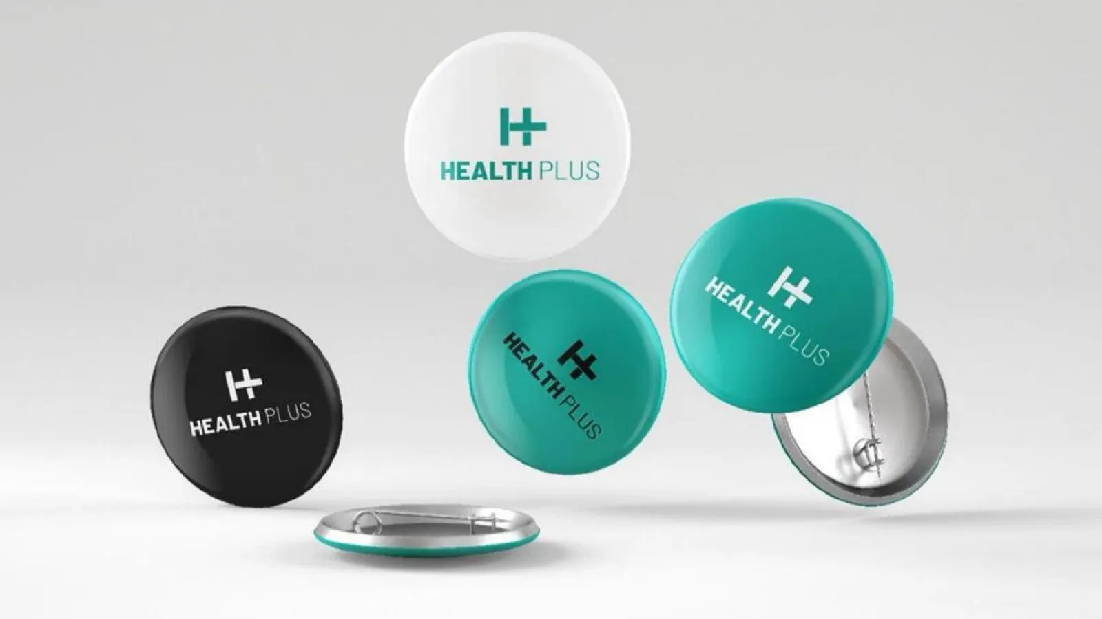 Floating round Health Plus badges in white, teal, and black, showcasing the Health Plus logo against a gray backdrop
