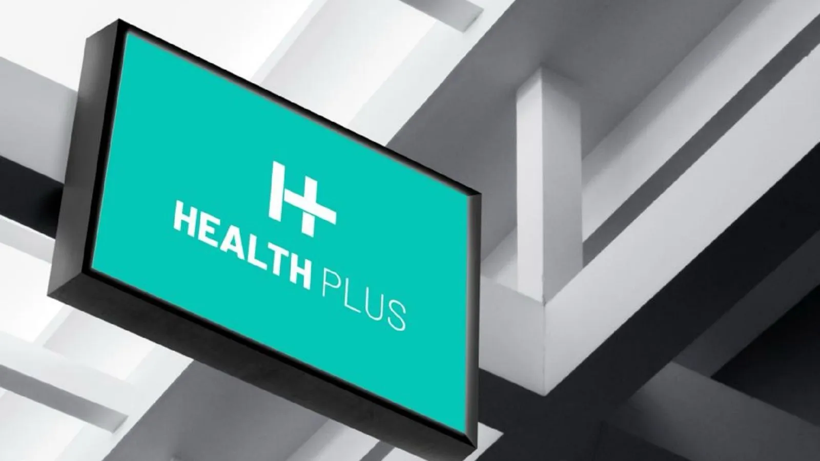 Teal rectangular sign with a white Health Plus logo on a gray geometric background, suggesting a health brand sign.