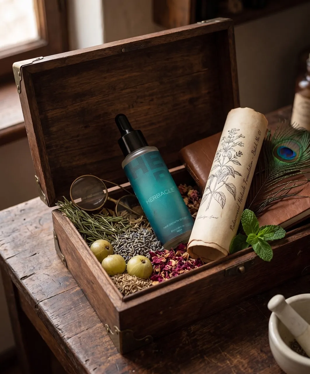 Open wooden box with a teal bottle labeled HERBACLE, surrounded by dried botanicals, rolled botanical print, and a sprig of mint on a rustic table.