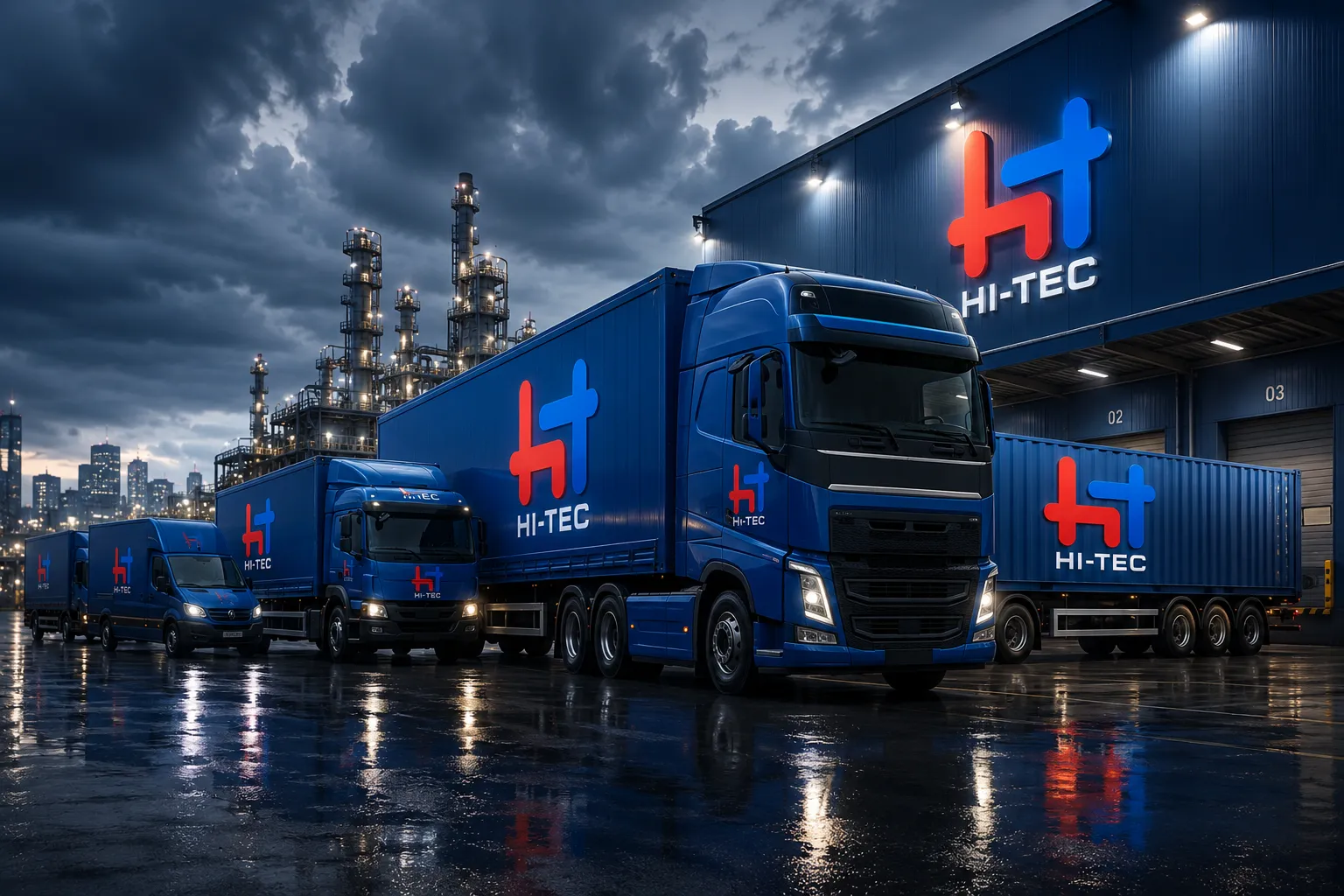 Blue HI-TEC trucks and trailers with red and blue logo parked outside an industrial warehouse at dusk, reflecting on a wet surface.