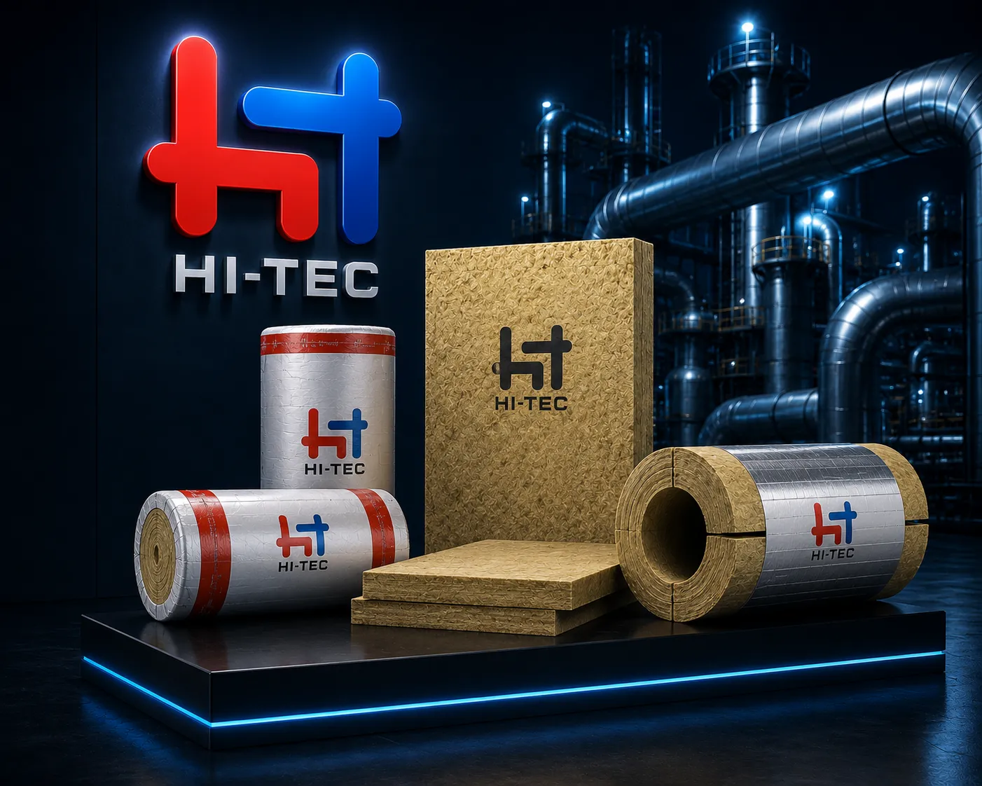 Industrial display of HI-TEC insulation products (boards, rolls, and cylinders) with brand logo in a factory setting