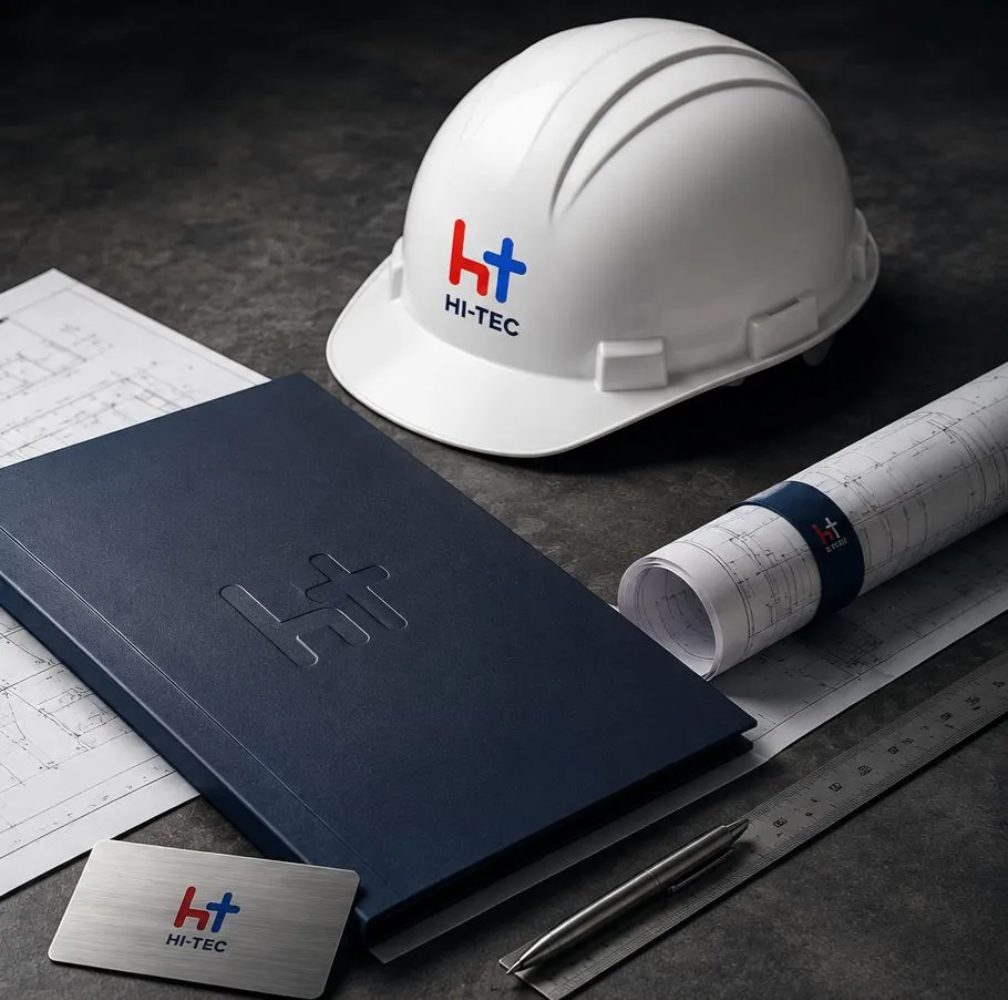White HI-TEC safety helmet beside rolled blueprints, a navy HI-TEC notebook with embossed logo, and a metal HI-TEC card on a dark work desk with a pen and ruler nearby.