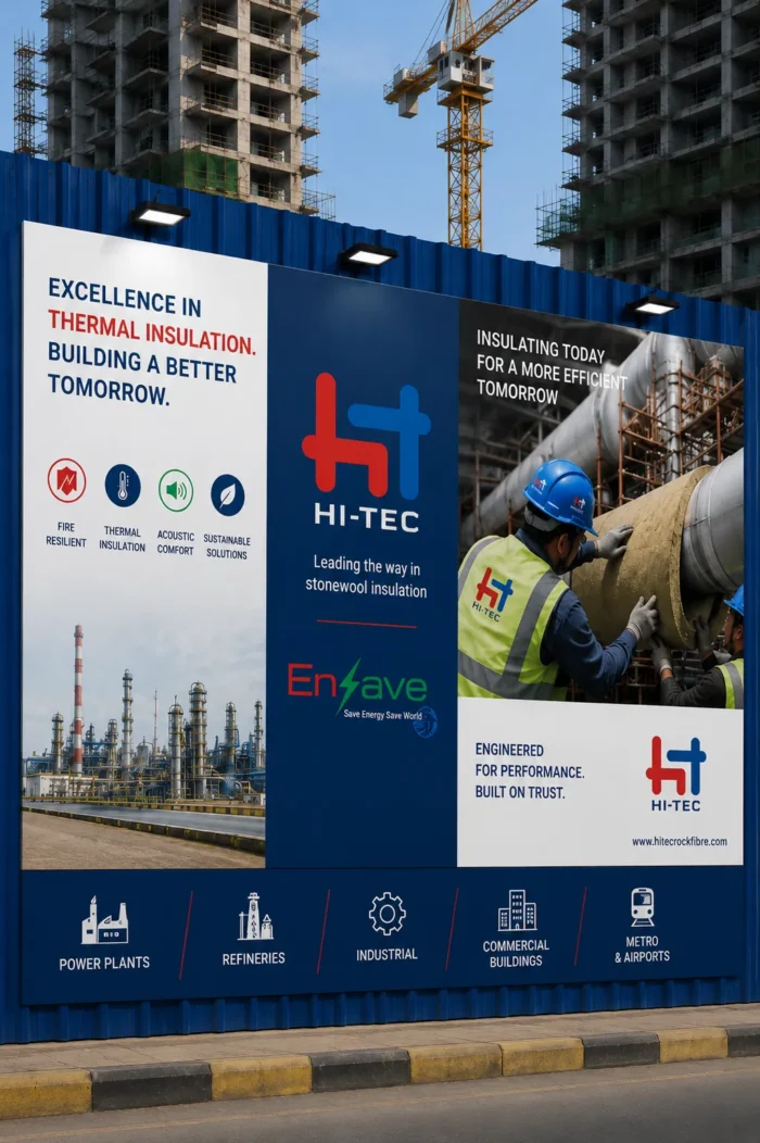 Construction-site billboard advertising HI-TEC insulation with a worker handling a large pipe in a safety vest and helmet in the foreground.