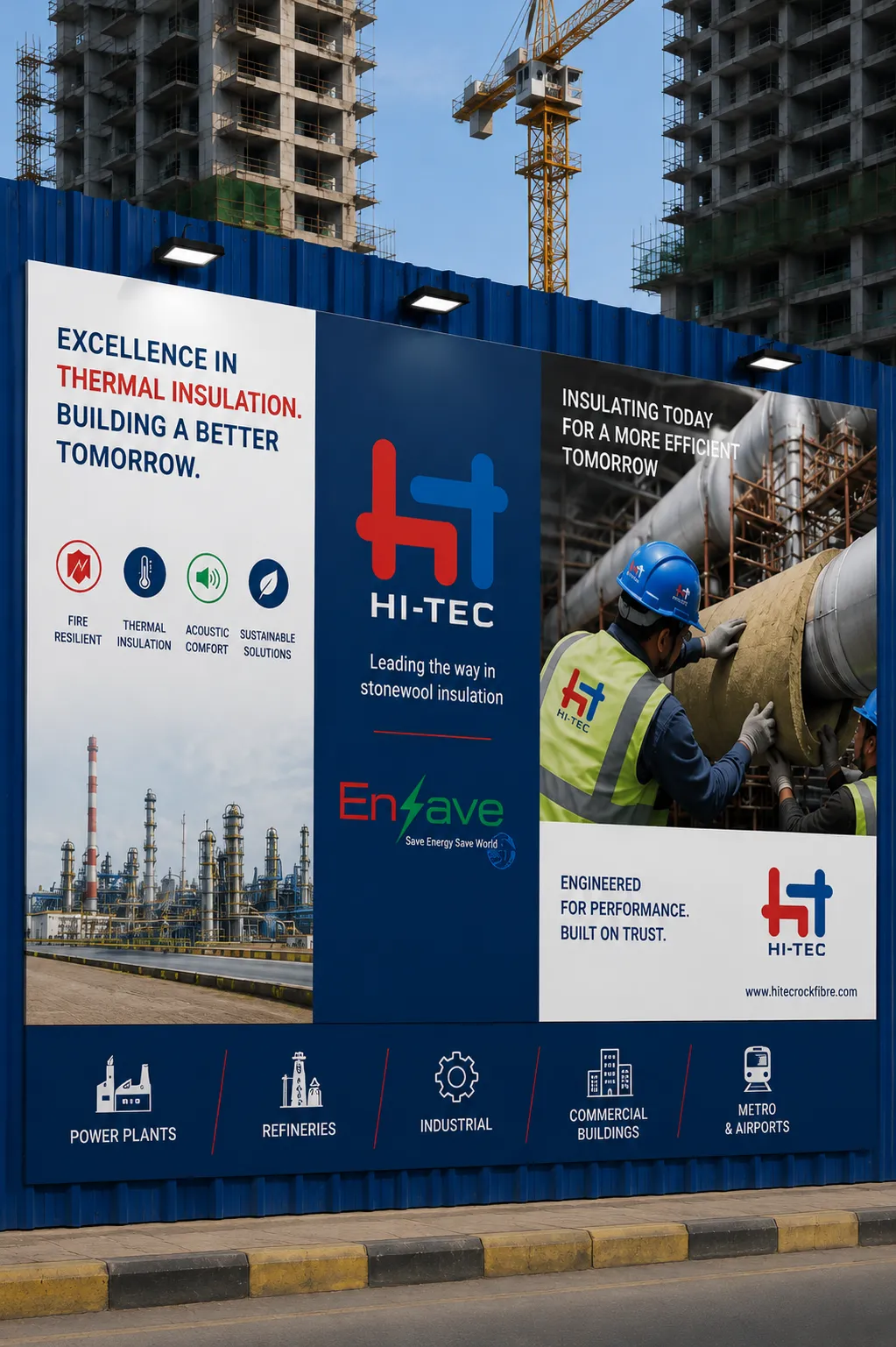 Construction-site billboard advertising HI-TEC insulation with a worker handling a large pipe in a safety vest and helmet in the foreground.