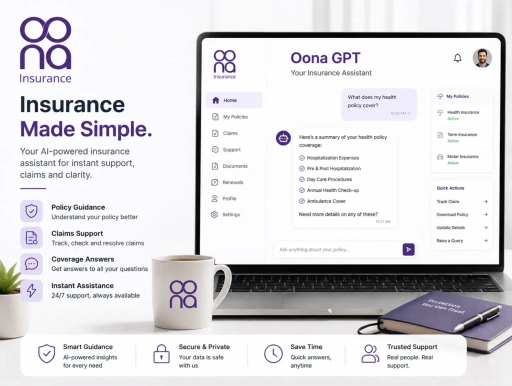 Laptop screen showing the Oona GPT insurance assistant UI with left navigation and chat bubbles, branding in purple on a white background