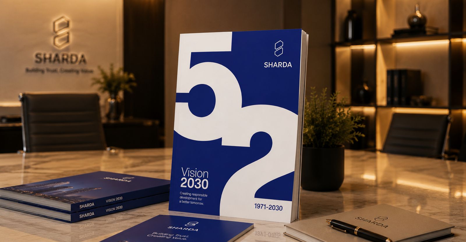 Open SHARDA Vision 2030 brochure on a marble conference table in a modern office lobby.
