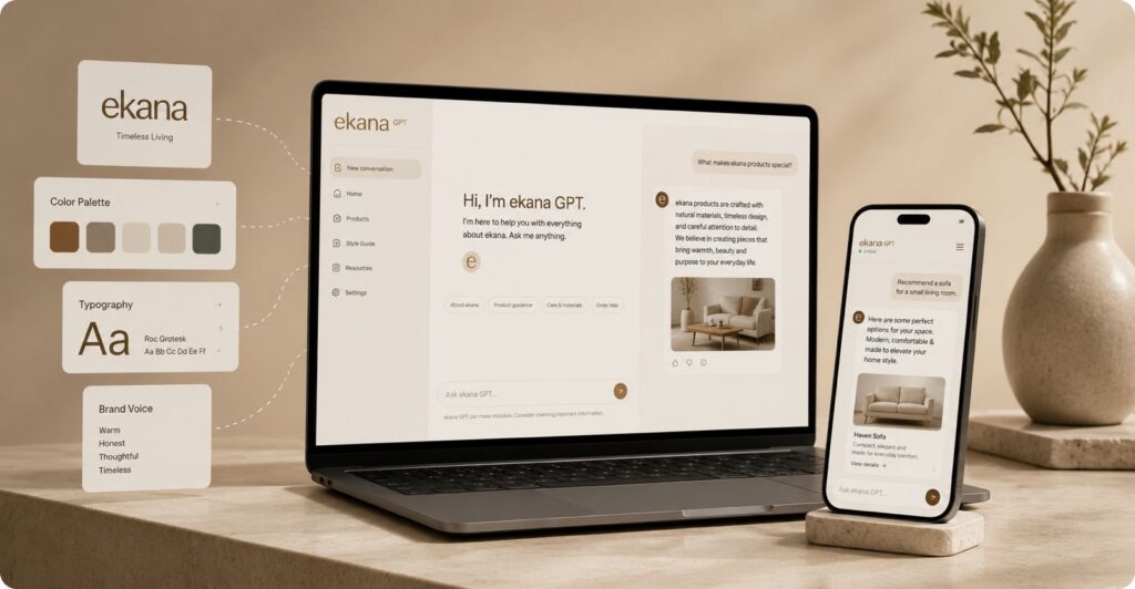 Laptop and smartphone display the ekana GPT interface, with floating design panels showing Color Palette, Typography, and Brand Voice beside a tidy workspace.