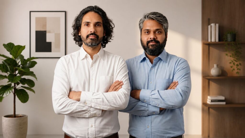 Two men with arms crossed pose for the camera in a tidy office, with a plant and a framed abstract art on the wall.