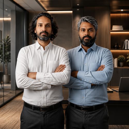 Two men in business shirts stand with arms crossed in a modern office setting.