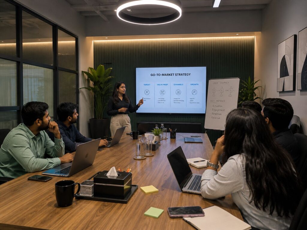 Six professionals in a modern conference room watch a presenter with a 'Go-to-Market Strategy' slide on a large screen.