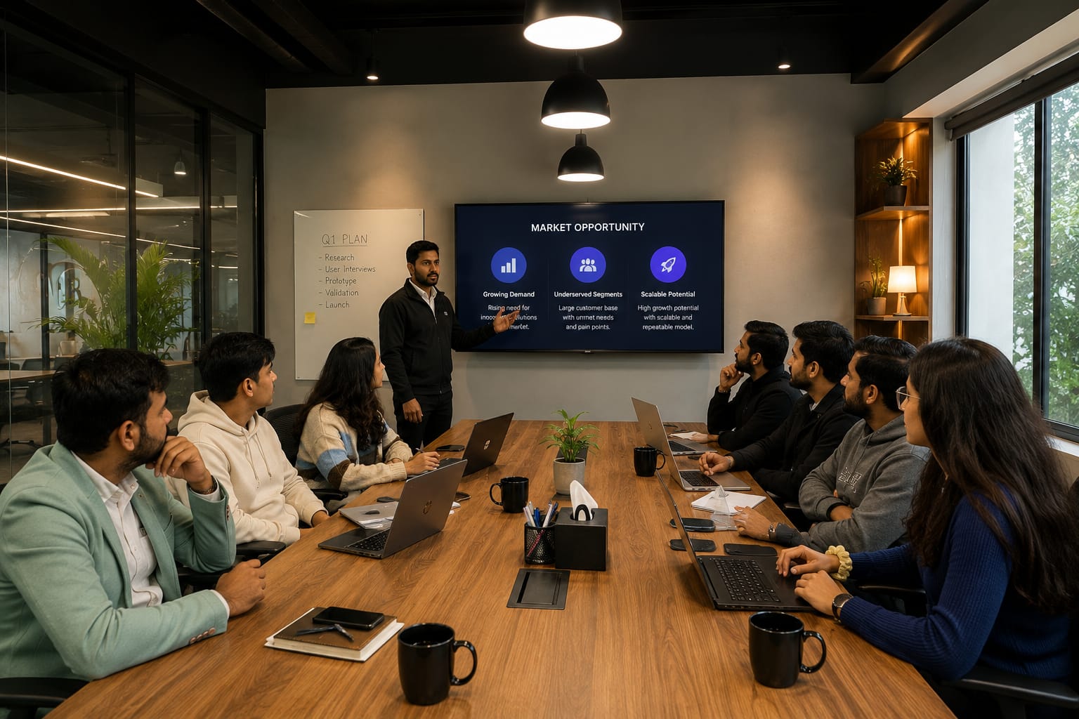 Presenter leads a business meeting, pointing at a screen titled 'Market Opportunity' in a conference room with a long wooden table and attendees listening with laptops nearby.