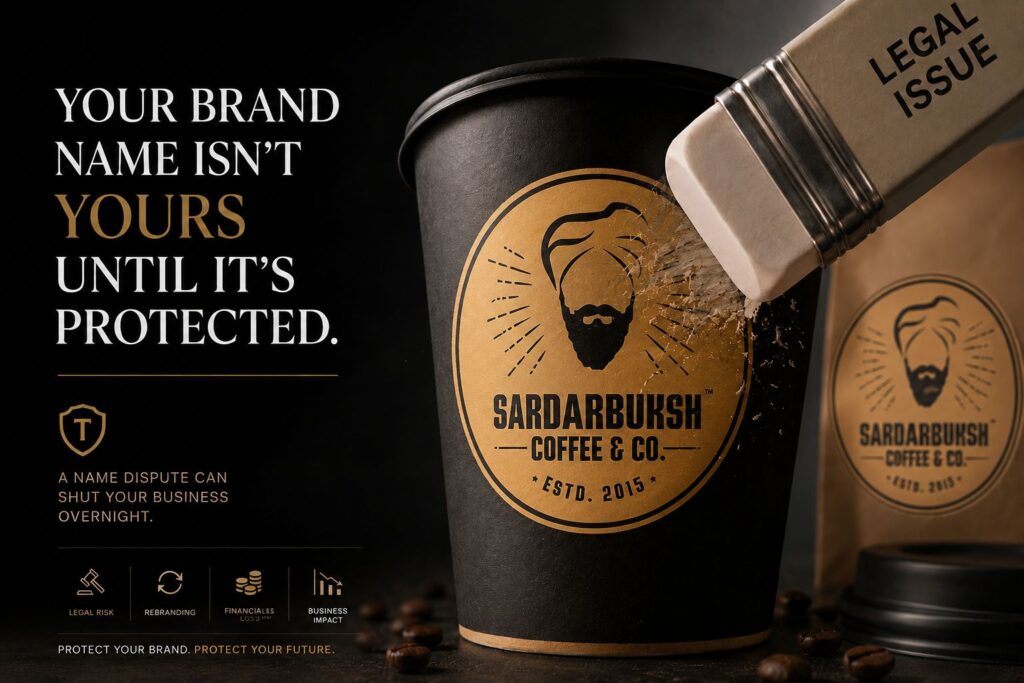 Ad with a black background and left-aligned message: 'Your brand name isn't yours until it's protected,' with a gold line and icons, beside a coffee cup bearing the Sardarbush Coffee & Co. logo and a 'Legal Issue' stamp on a sleeve.