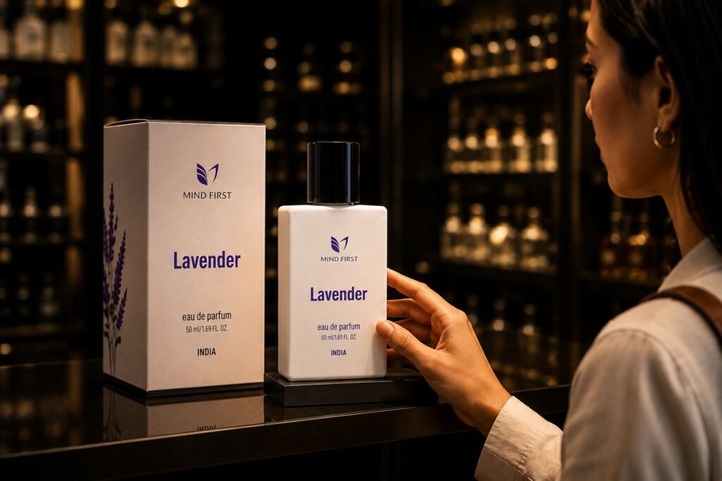 A white perfume bottle labeled Lavender by Mind First on a display shelf, with a matching lavender box beside it and a person reaching to touch the bottle.