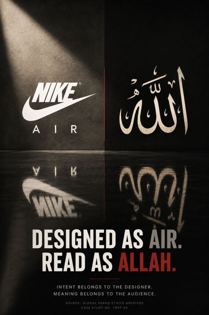 Split poster with Nike Air logo on the left and Arabic calligraphy (Allah) on the right, and the slogan 'Designed as Air. Read as Allah.' beneath.