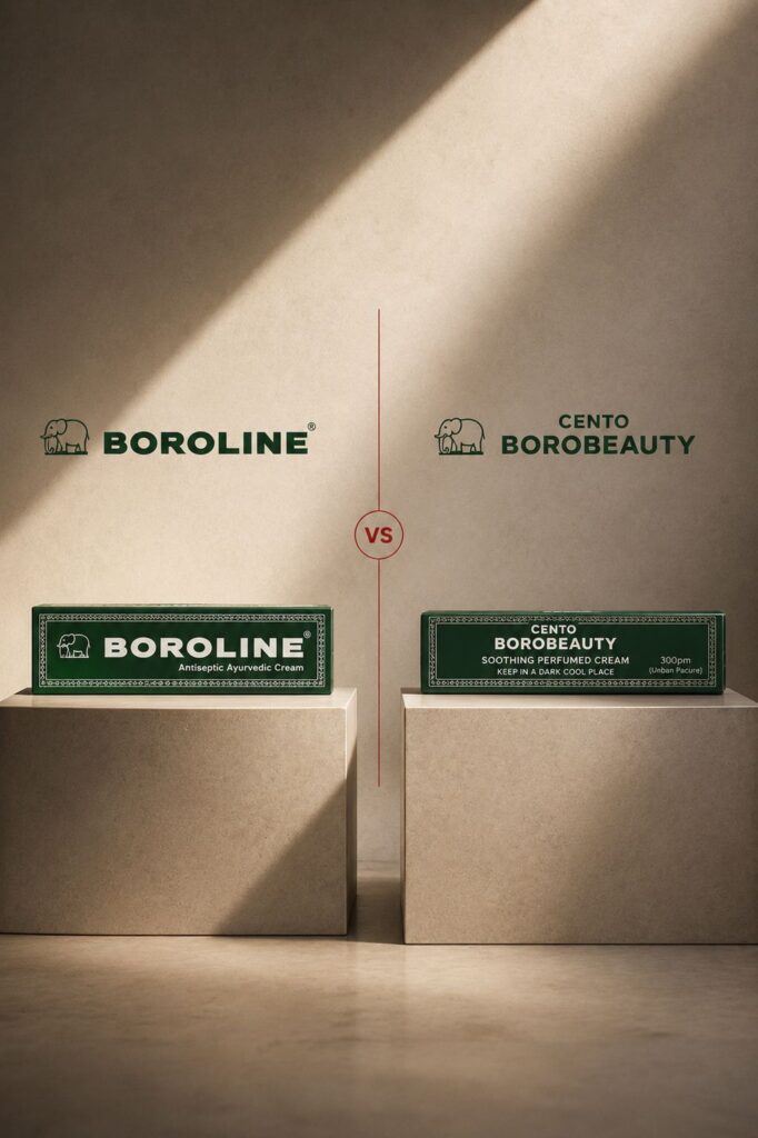 Product comparison: two green boxes labeled BOROLINE Antiseptic Ayurvedic Cream and CENTO BOROBEAUTY Soothing Perfumed Cream placed on beige pedestals, separated by a red 'VS' line.
