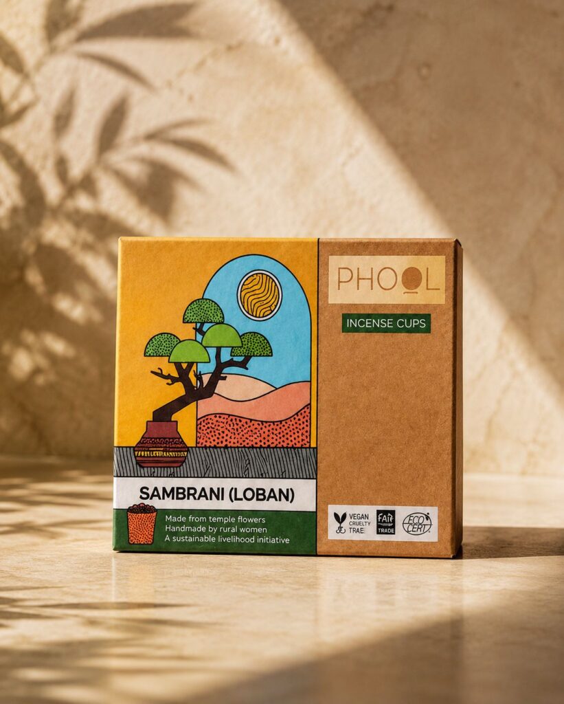 Phool incense cups box with colorful desert-themed artwork, labeled Sambrani (Loban) on a wooden surface
