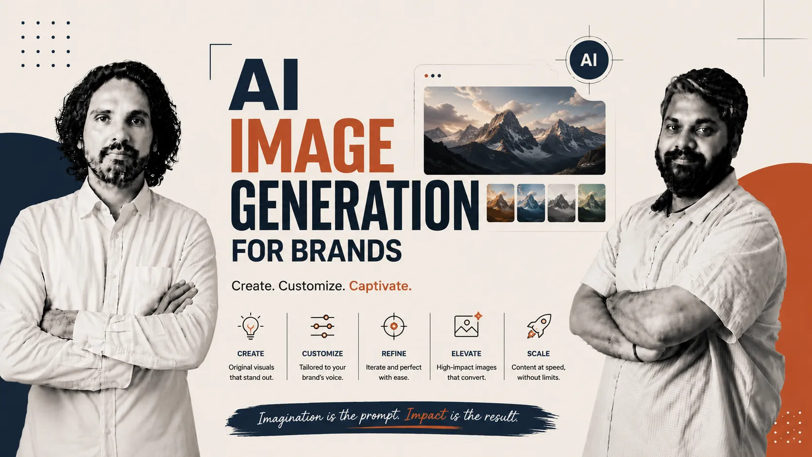 Hero banner about AI image generation for brands, featuring two men and a montage of mountain images and icons.