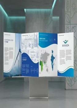 Informational exhibit panel with blue and white sections showing a world map and diagrams, mounted on a pedestal in a modern gallery space.