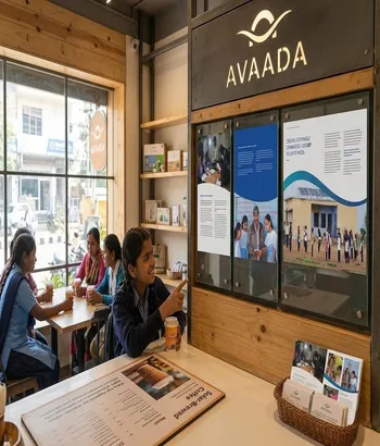 Group of people seated at a wooden cafe counter by a window, looking at a menu and informational posters on the wall.