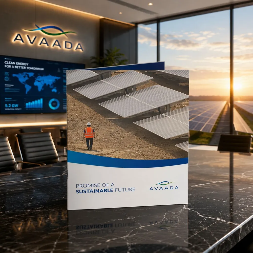 AVAADA brochure on a marble counter showing solar panels and a worker in a safety vest, promoting a sustainable future.