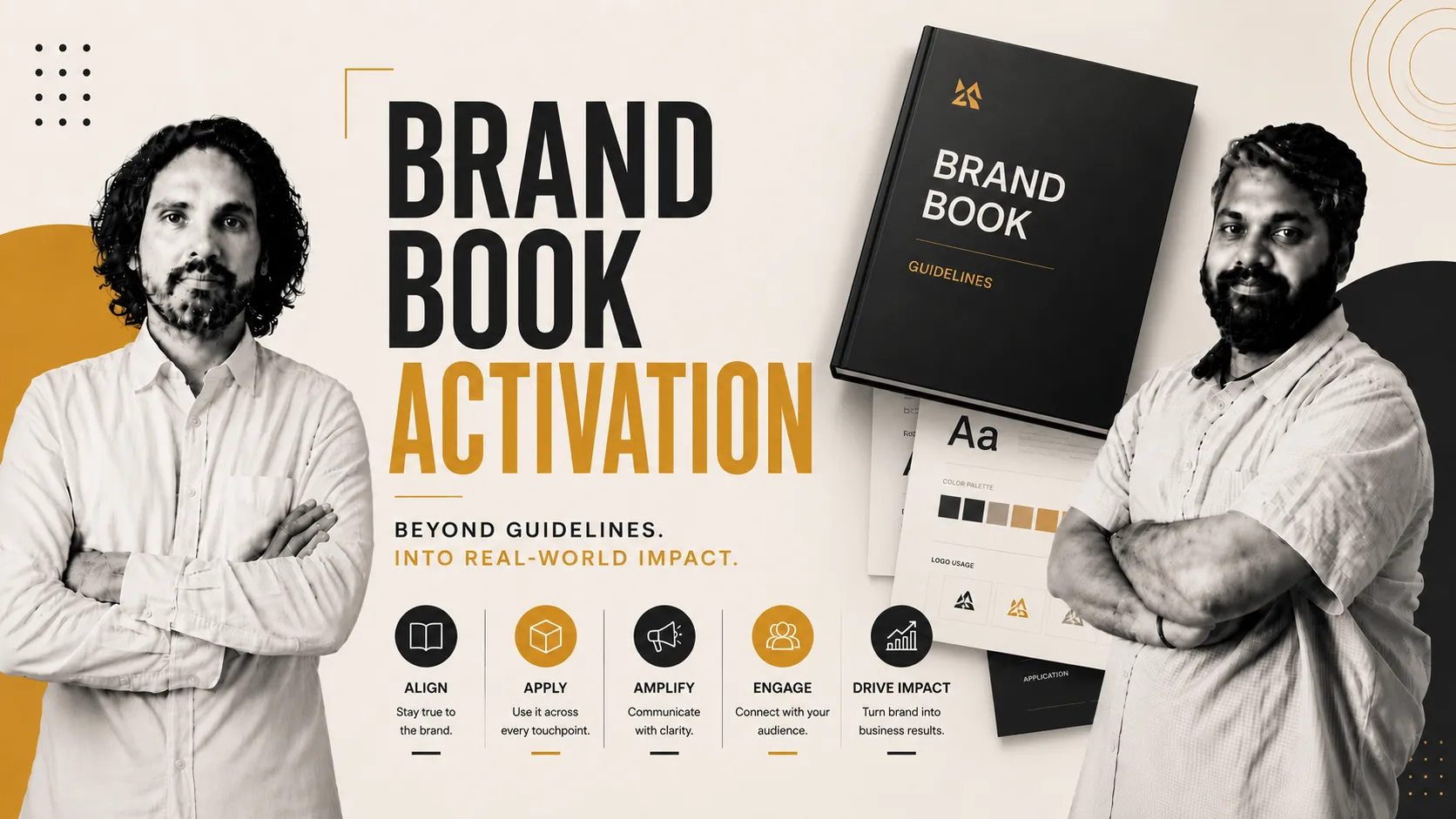 Two men stand with arms crossed beside a large 'Brand Book Activation' graphic and a brand book, illustrating activation and guidelines.