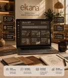 Laptop on a wooden desk displaying a software dashboard, with Ekana branding and warm coworking decor in the background.