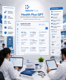 Large display board titled Health Plan Plus GPT with diagrams and a blue user interface, as two professionals work on laptops at a conference table in a bright room.