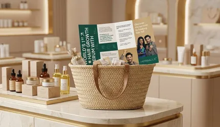 A woven basket on a marble counter holds brochures and assorted skincare bottles in a bright store display.