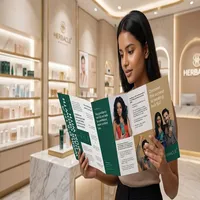 Woman in a cosmetics store reads a green and white tri-fold brochure at a marble display table, shelves of products in the background.