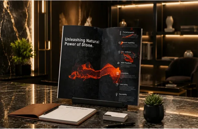 Open brochure on a dark marble showroom counter featuring a lava-red graphic and the phrase 'Unleashing Natural Power of Stone' with a notebook and plant nearby.