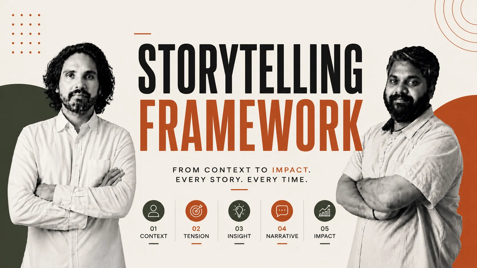 Header banner for a Storytelling Framework course featuring two men in white shirts with bold black and orange text.