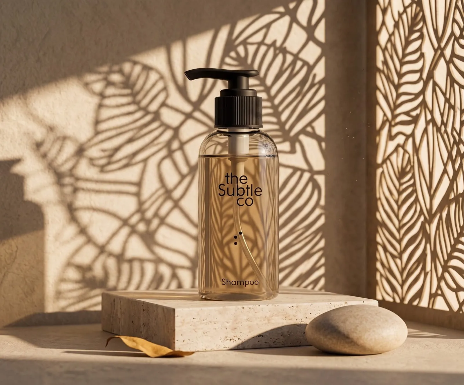 Shampoo bottle with pump dispenser labeled 'the subtle co' in warm light, shadows of leaves on wall behind it.