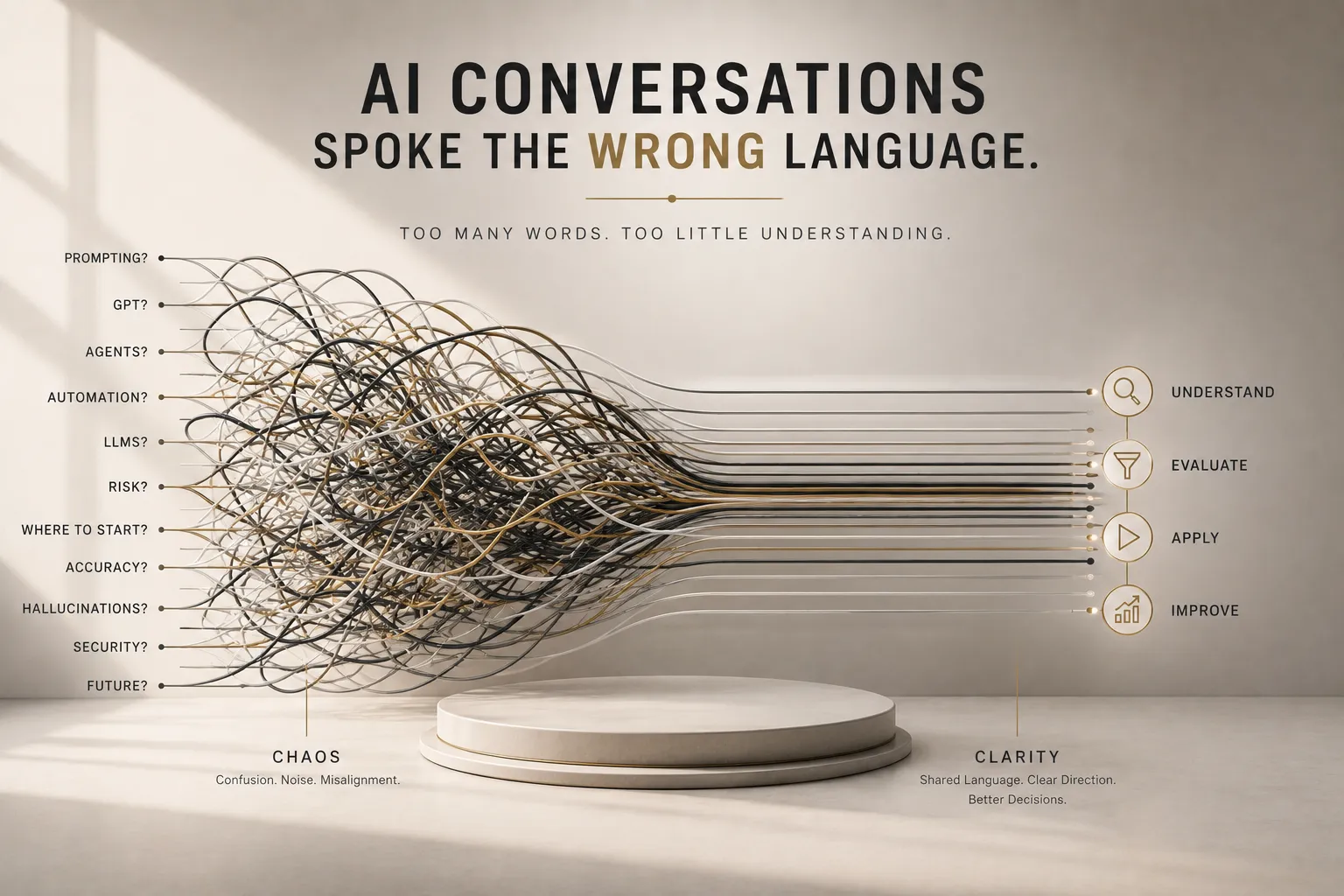 Infographic: tangled cables labeled with AI prompts on the left, guiding to four steps—Understand, Evaluate, Apply, Improve—on the right.