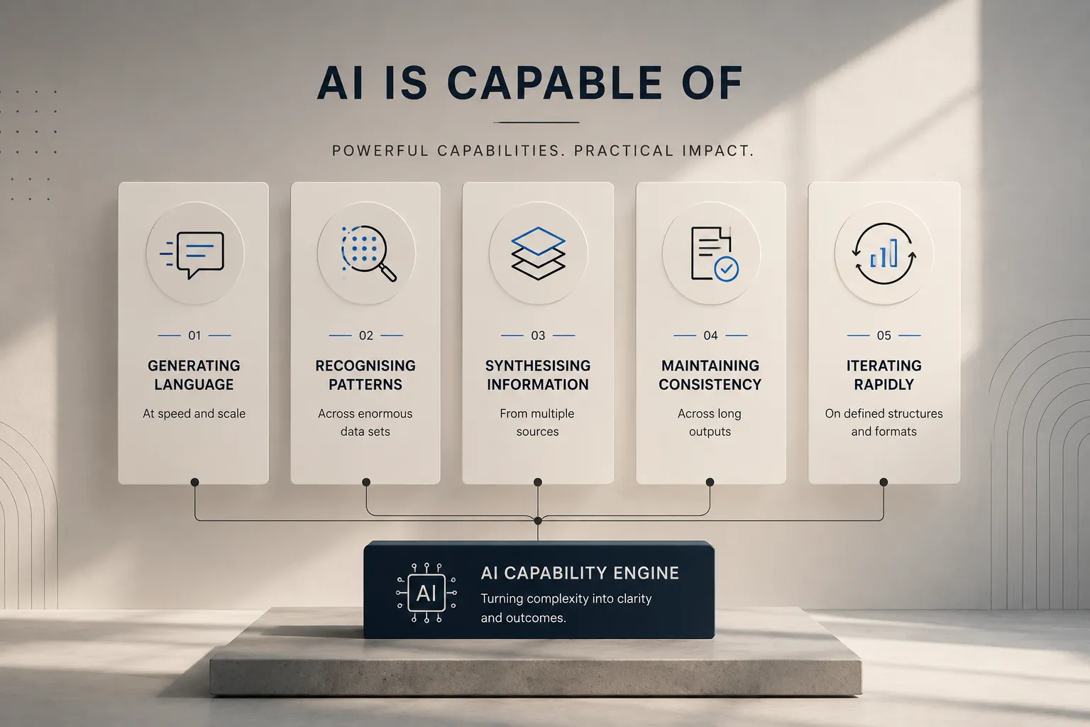 Five vertical panels list AI capabilities: Generating Language, Recognising Patterns, Synthesising Information, Maintaining Consistency, Iterating Rapidly, with an AI Capability Engine label below the panels.
