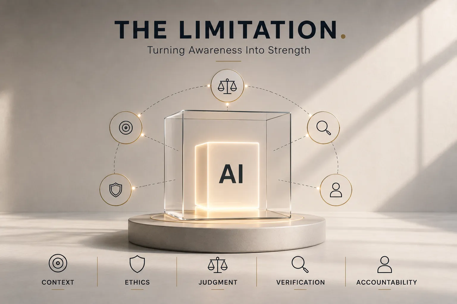Glowing AI cube on a pedestal surrounded by five circular icons labeled Context, Ethics, Judgment, Verification, Accountability, illustrating AI governance concepts.