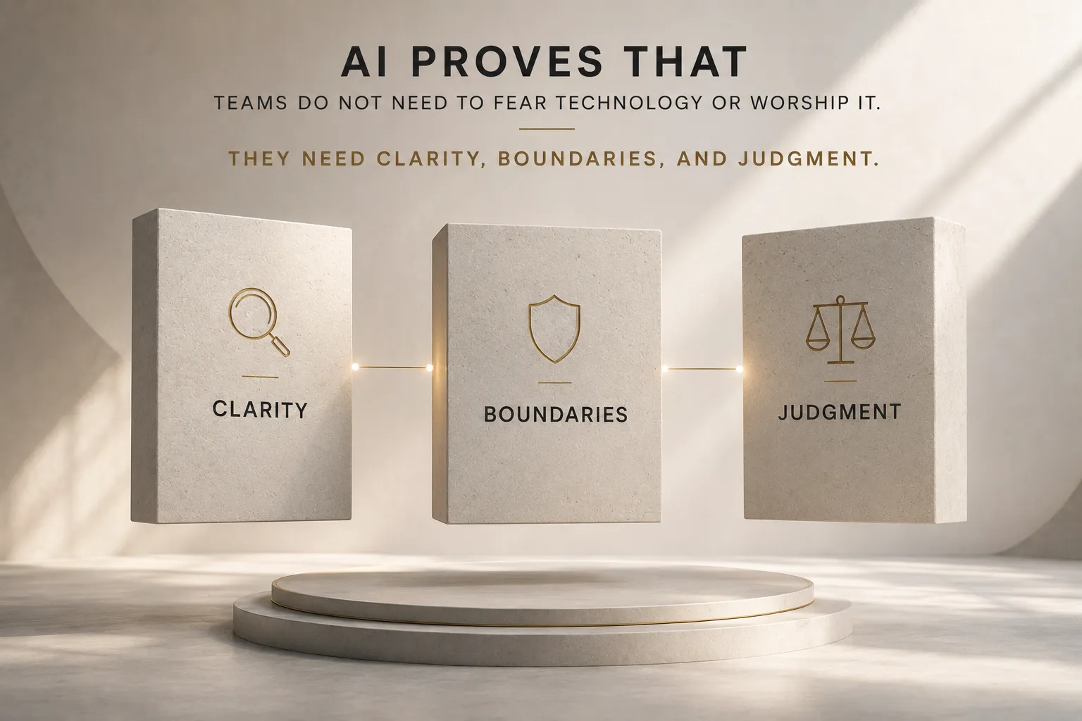 Three floating blocks labeled Clarity, Boundaries, and Judgment hover above a circular platform, with the headline about AI and teams not fearing technology.