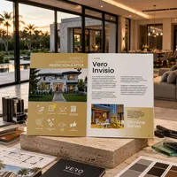 Exhibit display board for Vero Inviso, showing a house image, interior photos, and feature icons in a showroom.