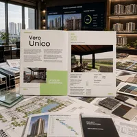 Open brochure spread for Vero Unico on a showroom table, showing building renderings, a floor plan, and a city map.